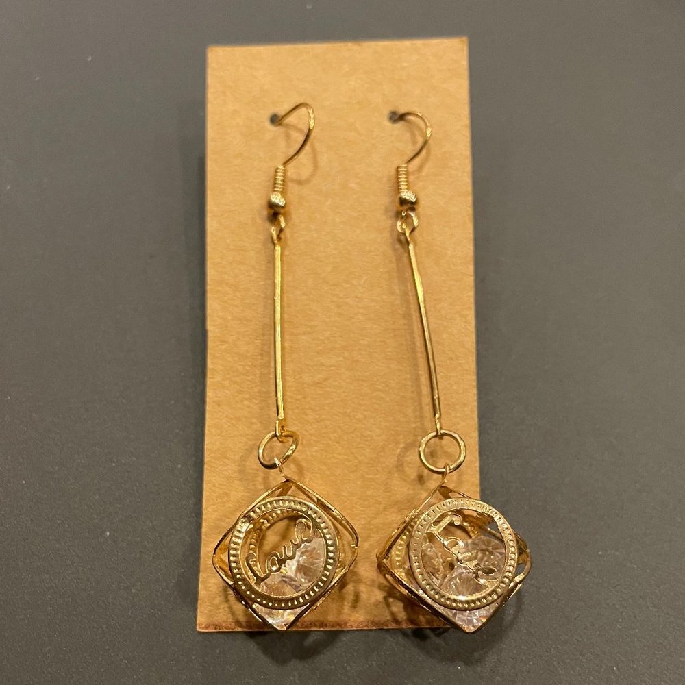 Gold Crystal Dangle Love Box Earrings